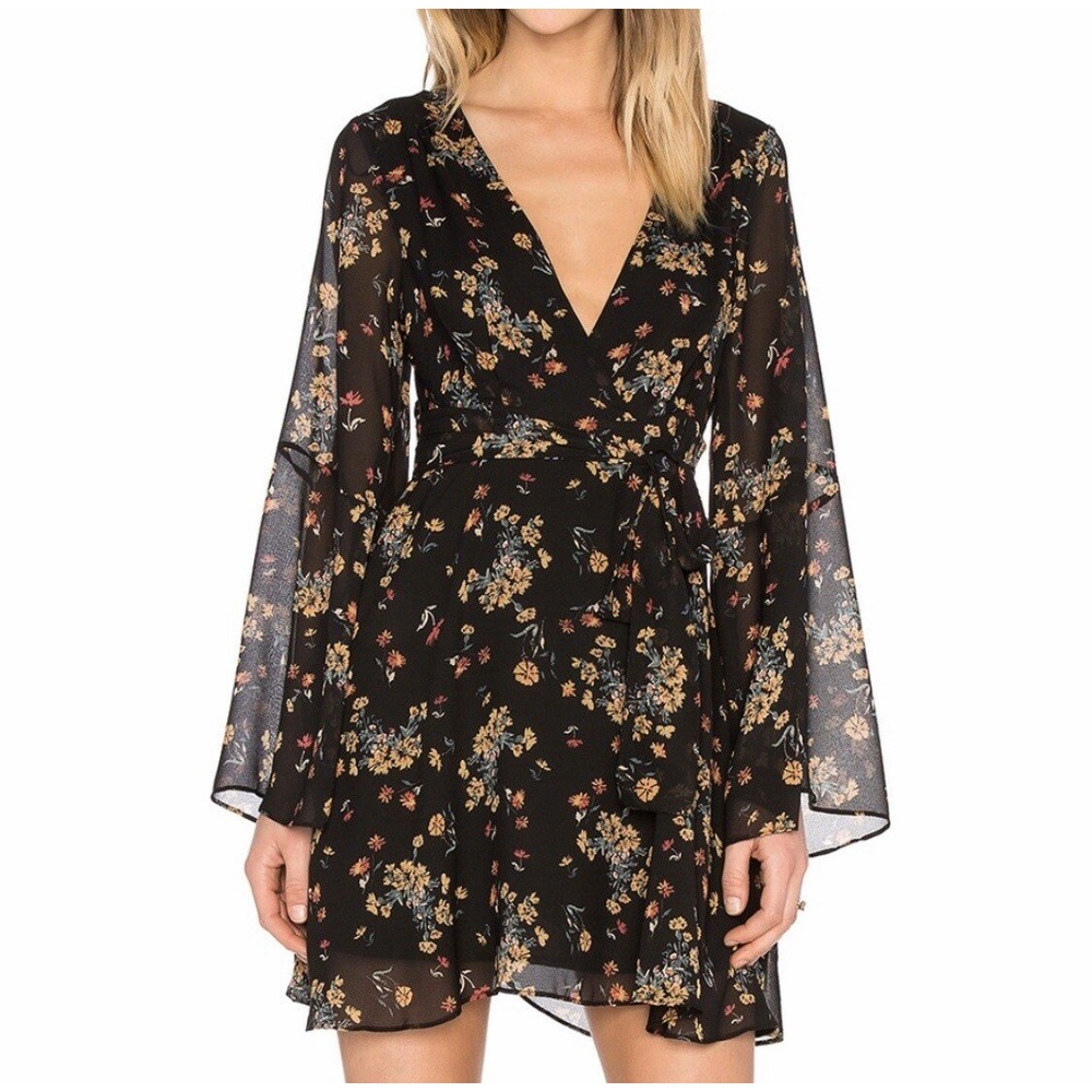 Free People Lilou‎ Black Floral V-Neck Mini Dress Bell Sleeve XS